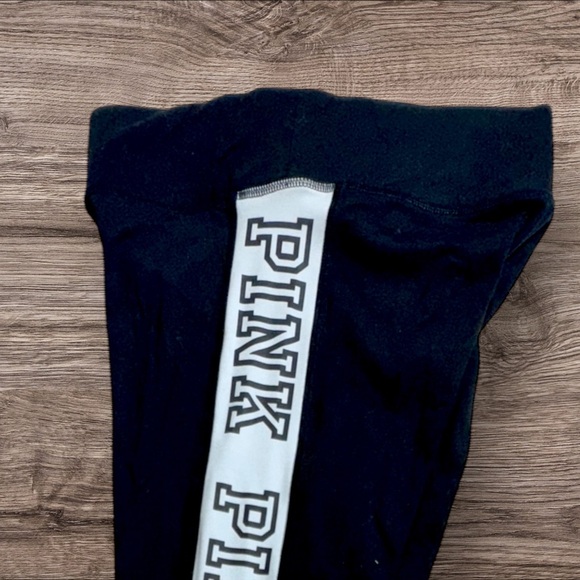 PINK Victoria's Secret Athletic Black Leggings w White Logo Mesh Accent on Legs - Picture 5 of 6